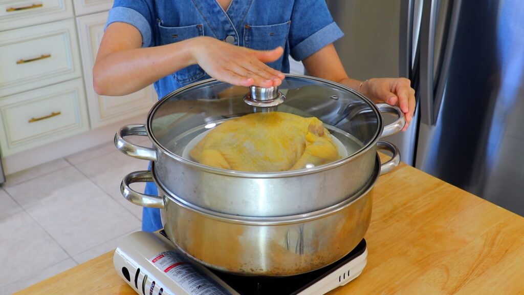 Steamed Whole Chicken with Chili Garlic Sauce 3. Steam