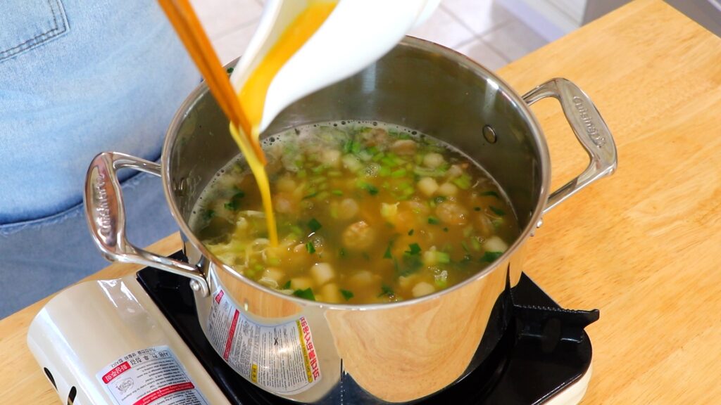 10-Min Seafood Egg Drop Soup 3. Pour the Eggs
