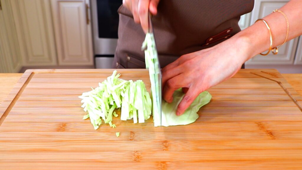 30-Min Pork Egg Foo Young 1. Cut